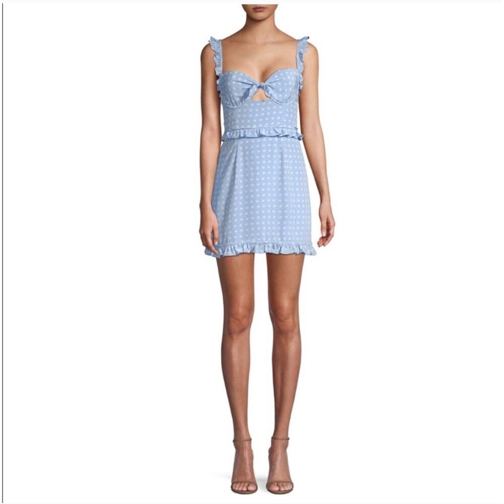 For Love & Lemons Heart Print Ruffle Trim Mini Dress S Cutout Bow Wedding Guest